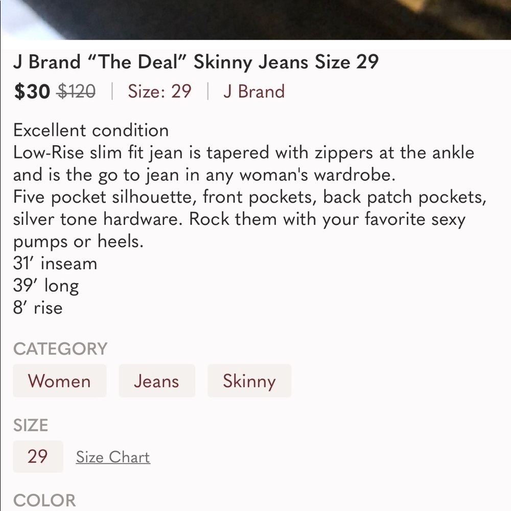J Brand Women’s The Deal Black Skinny Jean zippers at the ankle 29 - Picture 8 of 8